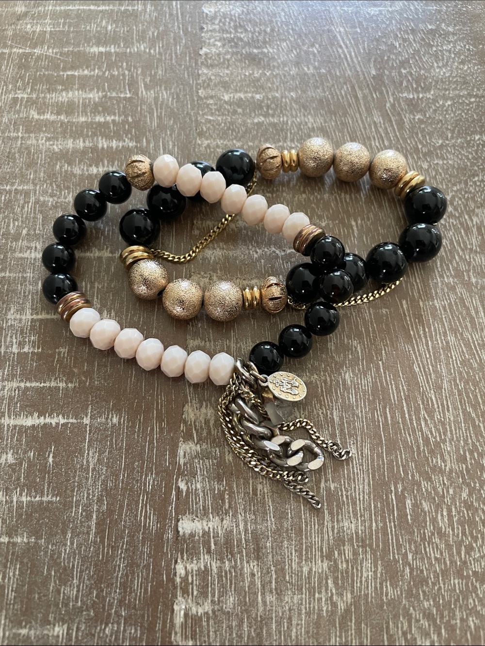 Set of The Lace Project Gold, Black, Light Pink Beaded Bracelets